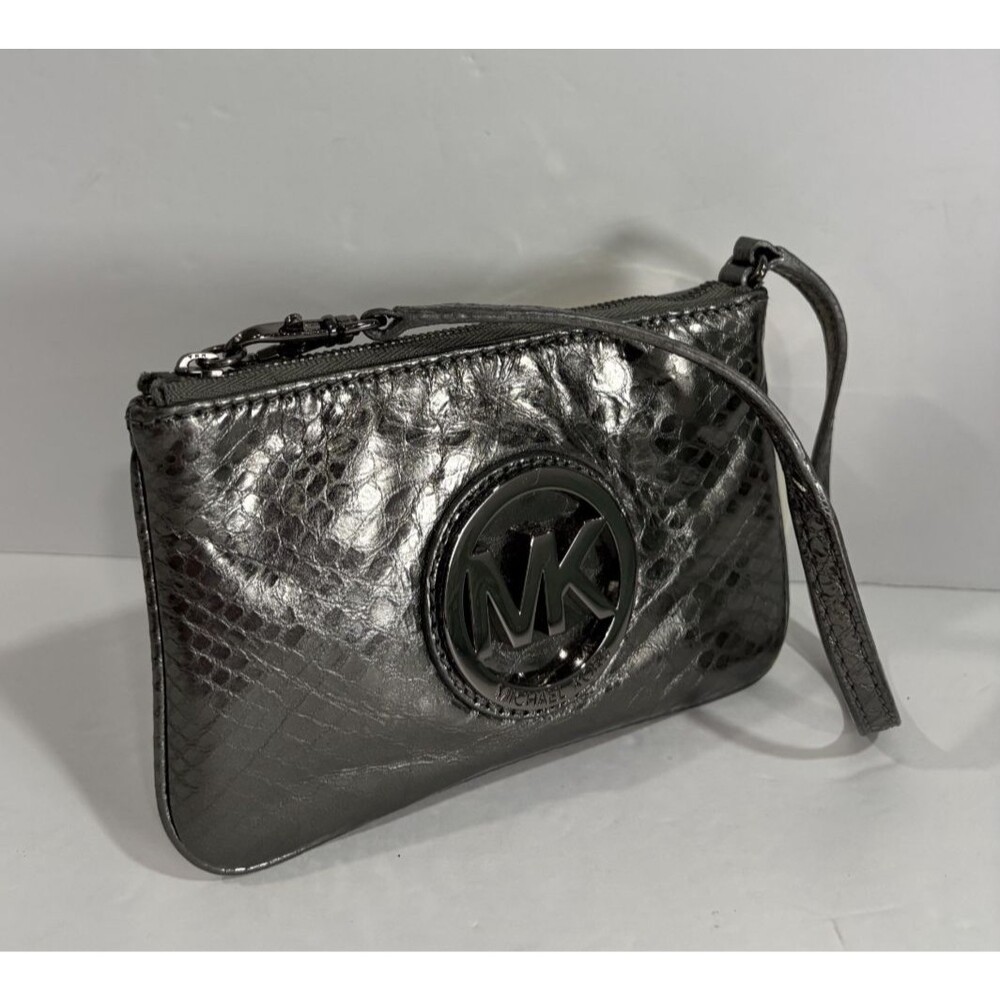 Michael Kors Fulton Metallic Anthracite Python-embossed Leather Wristlet Clutch